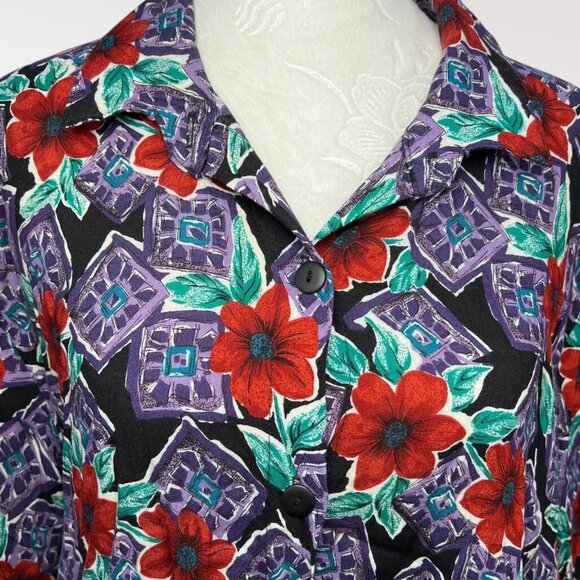 Vintage 80’s Fritzi Shirt Sleeve Button Down Shirt Floral Hawaiian Style Large - Picture 2 of 9